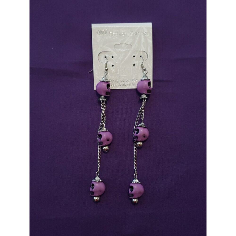Purple Skull Long Dangle Drop Earrings Bikercore Punkcore Rocker Goth Boho